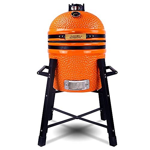 Ceramic Kamado Charcoal BBQ Grill and Smoker, Stainless Steel Grates -15" Ceramic with Tall Stand (BLACK)