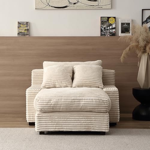 Oversized Luxe Double Chaise Sleeper Sofa, Comfortable Cloud Couch Soft Fluffy Corduroy Upholstery with Square Armrests & Removable Back Cushioned for Living Room Bedroom (Beige, 74.8 inch)