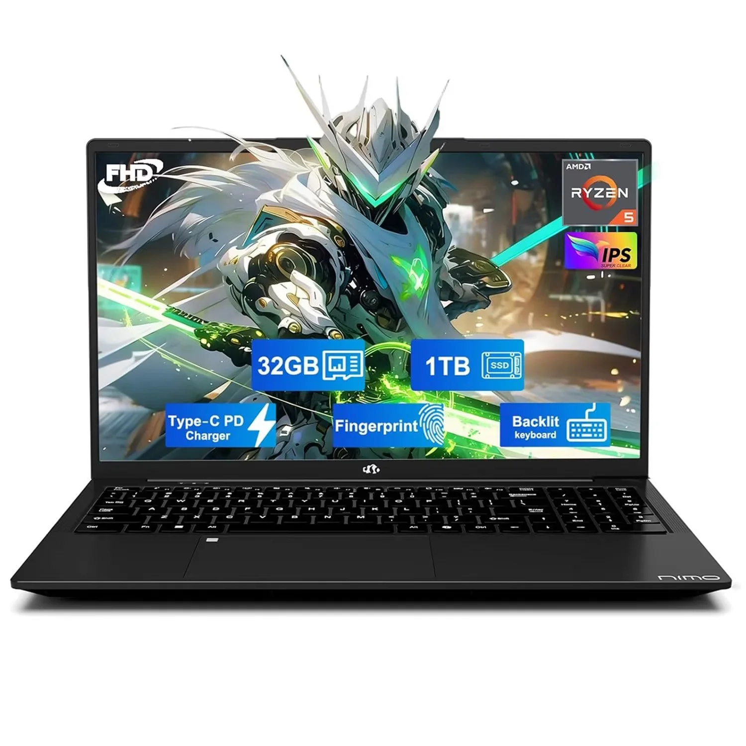 15.6" FHD Business Laptop 32GB RAM 1TB SSD AMD Ryzen 5 3500U Processor 65W Fast Charging Fingerprint Backlit Keyboard Win 11 Stylish Practical Laptop for Work Study Life (Black)