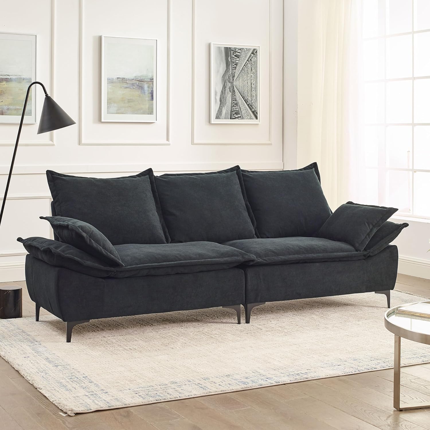 88.5" Sofa for Living Room, Modern Sofa Couch Sailboat Couches Dutch Velvet 3-Seater Sofa with 2 Pillows for Bedroom Apartment Small Space Black
