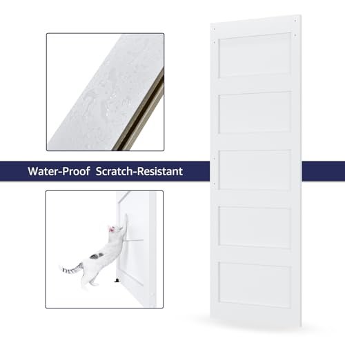 34in x 84in Sliding Barn Door with 6ft Barn Door Hardware Kit & Handle, Pre-Drilled Holes Easy Assembly -Solid Barn Door Slab Covered with Water-Proof PVC Surface, White, 5 Panel