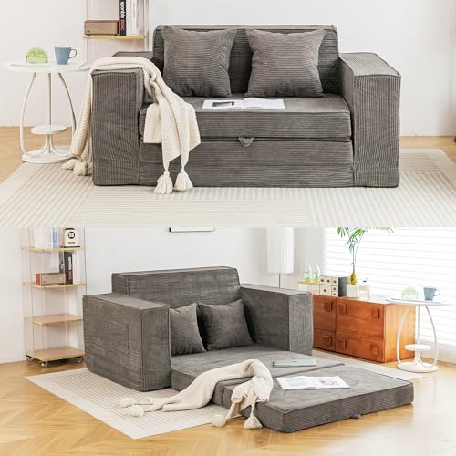 HOMREST 76" Convertible Memory Foam 3-seat Sofa, Pull Out Sleeper Sofa Bed, 2 in 1 Folding Couch Bed, Fold Out Floor Couch Corduroy Fabric with 3 Pillows for Living Room Bedroom Lounge (Grey)