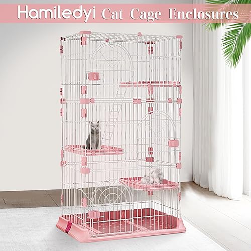 Hamiledyi Indoor Cat Cage 52 Inches Cat Villa Large Pet Crate with 3 Platforms and 1 Ramp Ladders Metal Cat Playpen with 3 Doors Outdoor Cat Enclosures Kitten Cage for Small and Medium Pets (Pink)