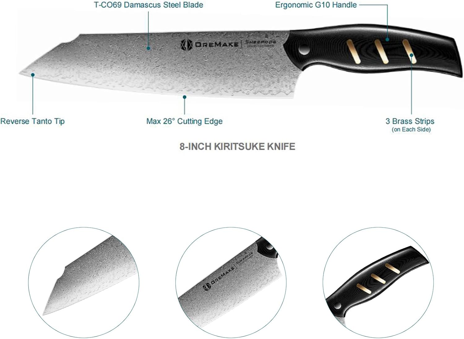 Chef's Knife, OREMAKE 7-INCH NAKIRI Kitchen Knife, Japanese Damascus Steel 69-Layer Forged, With High Carbon Content, With Ergonomic Brass-Accented G10 Handle, Sheepdog Knife Series，Gift For Family.