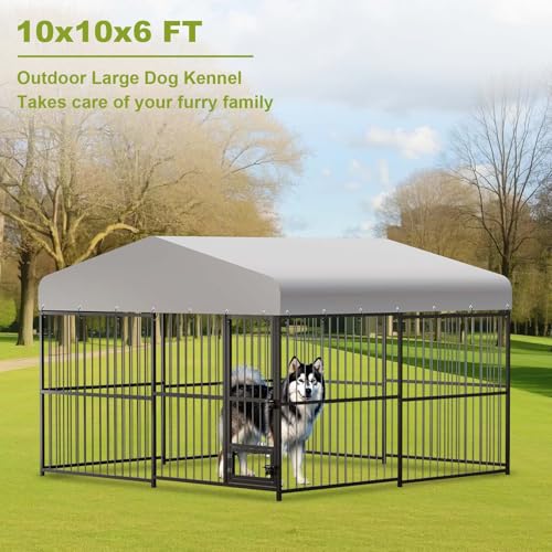 10x10x6 FT Outdoor Dog Kennel,Heavy-Duty Enclosures Outside with UV-Resistant Waterproof Roof Cover and Lock,for Medium and Large Dogs,Easy Assembly