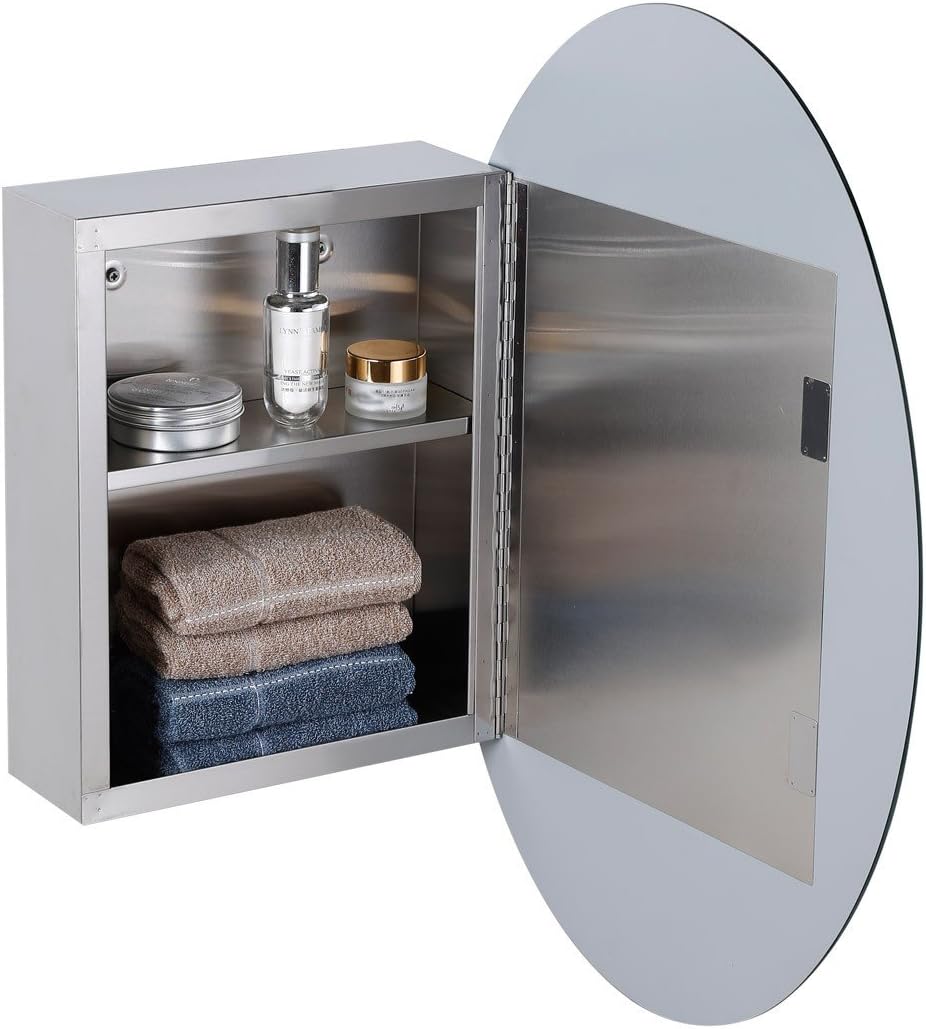 Renovators Supply Manufacturing Oval Wall Mounted Medicine Cabinet Brushed Stainless Steel Bathroom Storage Cabinet with Mirror 26" x 18" Hanging Double Shelf for Medicines or Accessories