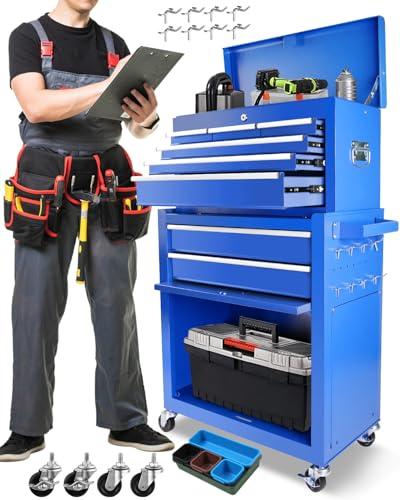 Heavy-Duty 7-Drawer Rolling Tool Chest with Wheels, Steel Tool Storage Cabinet with Lock & Liner for Workshop for Workshop/Garage - Includes 7 Organizer Boxes, Black