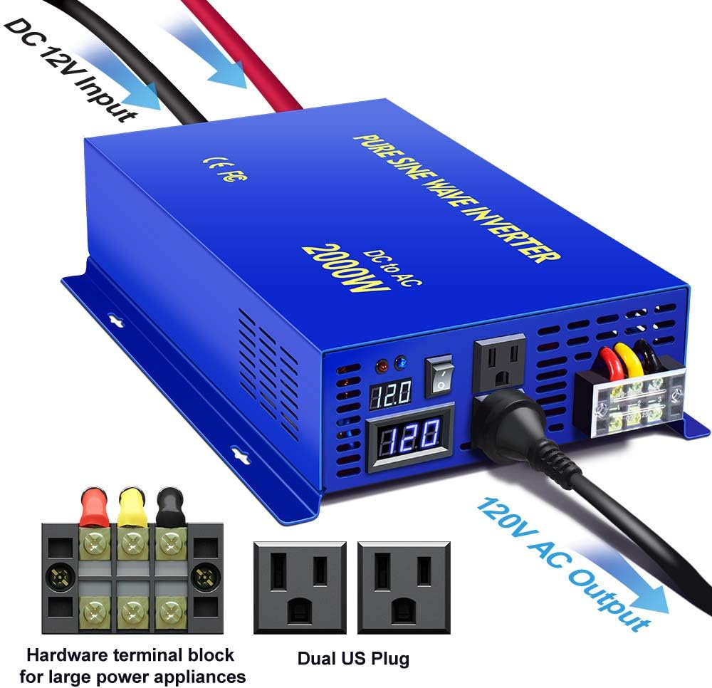 XYZ INVT 2500W Pure Sine Wave Inverter 24v to 110V 120V AC with Wireless Remote Switch, 5000 watt Surge, Power Inverter for Truck, RV Car Camping, Solar System, Grid Off.