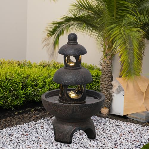 Outdoor Garden Water Fountain - Modern Tranquil Zen Pagoda Waterfalls Fountains Bowl with LED Lights & Pump for Patio Yard Porch Pool Decor, Gray, 35.5 inches