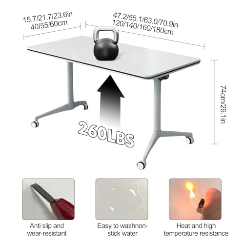 4Pcs White Conference Table, Foldable Meeting Tables, 140CM Conference Training Rooms Flip Top Mobile Training Table, Rolling Meeting Table with Caster Wheels, Suitable for Office,classr(4Pcs-180CM)