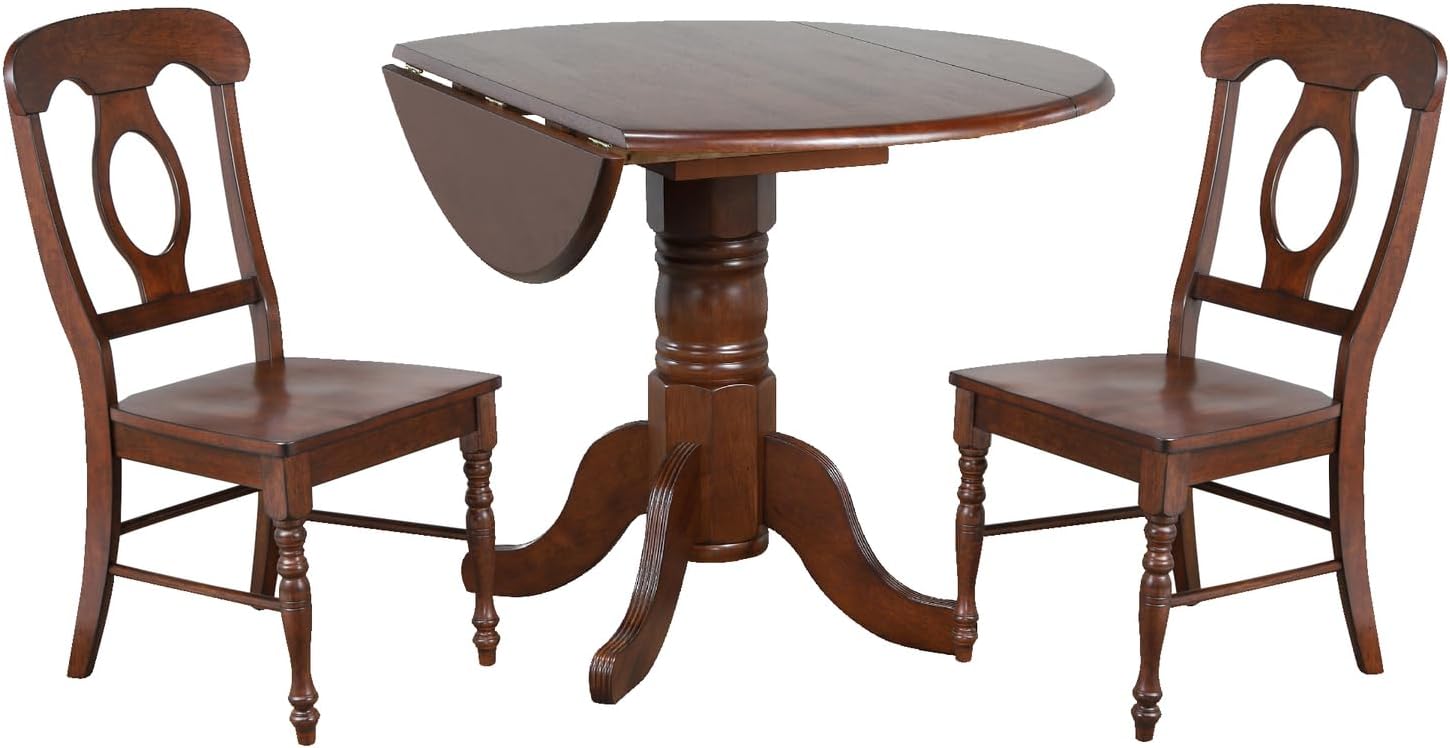 Art Deco Dreams 3 Piece 42" Round Extendable Drop Leaf Dining Table Set, Chestnut Brown, Coastal Cool Chairs, Seats 4