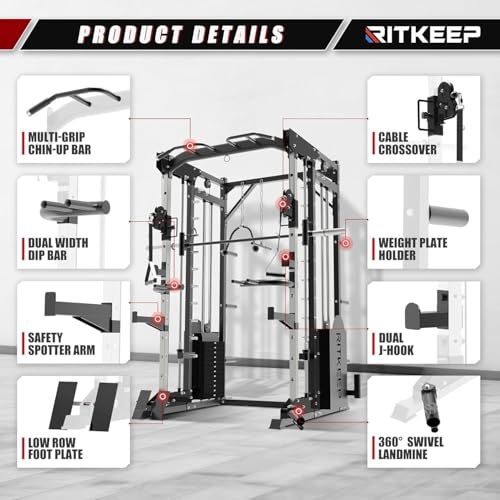Smith Machine,RitKeep PMAX 5600 Pro,All-in-One Home Gym Equipment Featuring 2200lb Load Capacity and 320lb Weight Stack,Includes T-Bar Row,LAT Pulldown Bar,and More Attachment,for Home Gym Use
