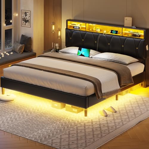 Full Size Bed Frame with Headboard Storage & LED Lights, Platform Bed Frame Full Size with Charging Station, Velvet Upholstered Bed with Shelf Headboard, No Box Spring Needed, Creamy White