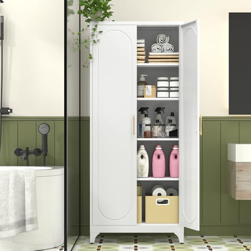 Metal Storage Cabinet with Doors and Shelves, 71 Inch Tall Kitchen Pantry Cabinet, Pantry Cabinets for Kitchen Storage, Freestanding Cupboard for Living, Dining Room, White, Assembly Required