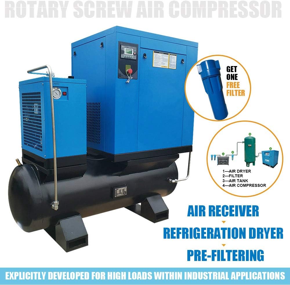 460V 3-Phase Total Rotary Screw Air Compressor with ASME Tank & Refrigerated Dryer - 20HP/15KW - 81CFM/125PSI - 80 Gallon ASME Tank Industrial Air Compressed System Base Mounted Pack15-TA