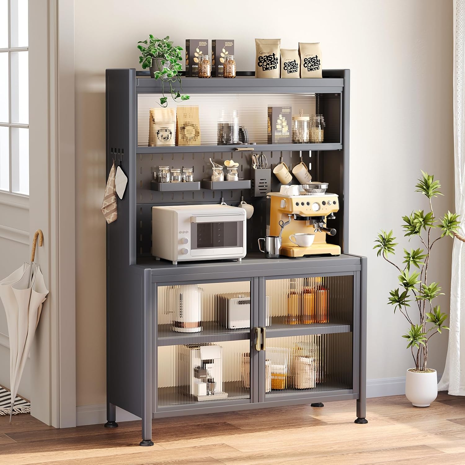 5-Tier Bakers Rack for Kitchen, Microwave Stand Cart with Cabinet, Multifunctional Storage Cabinet Rack, Grey