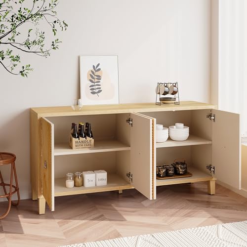 Wood Sideboard Buffet Cabinet Farmhouse Double Door Sideboard Buffet Cabinet 60 Inch Wood Kitchen Storage Cabinet for Living Room Kitchen Entryway Natural