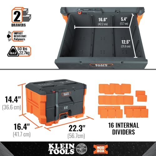 Klein Tools 54823MB MODbox 3-Drawer Toolbox, Modular Tool Storage System, Heavy-Duty Ball Bearing Slides, 24 Dividers, 50-Pound Capacity
