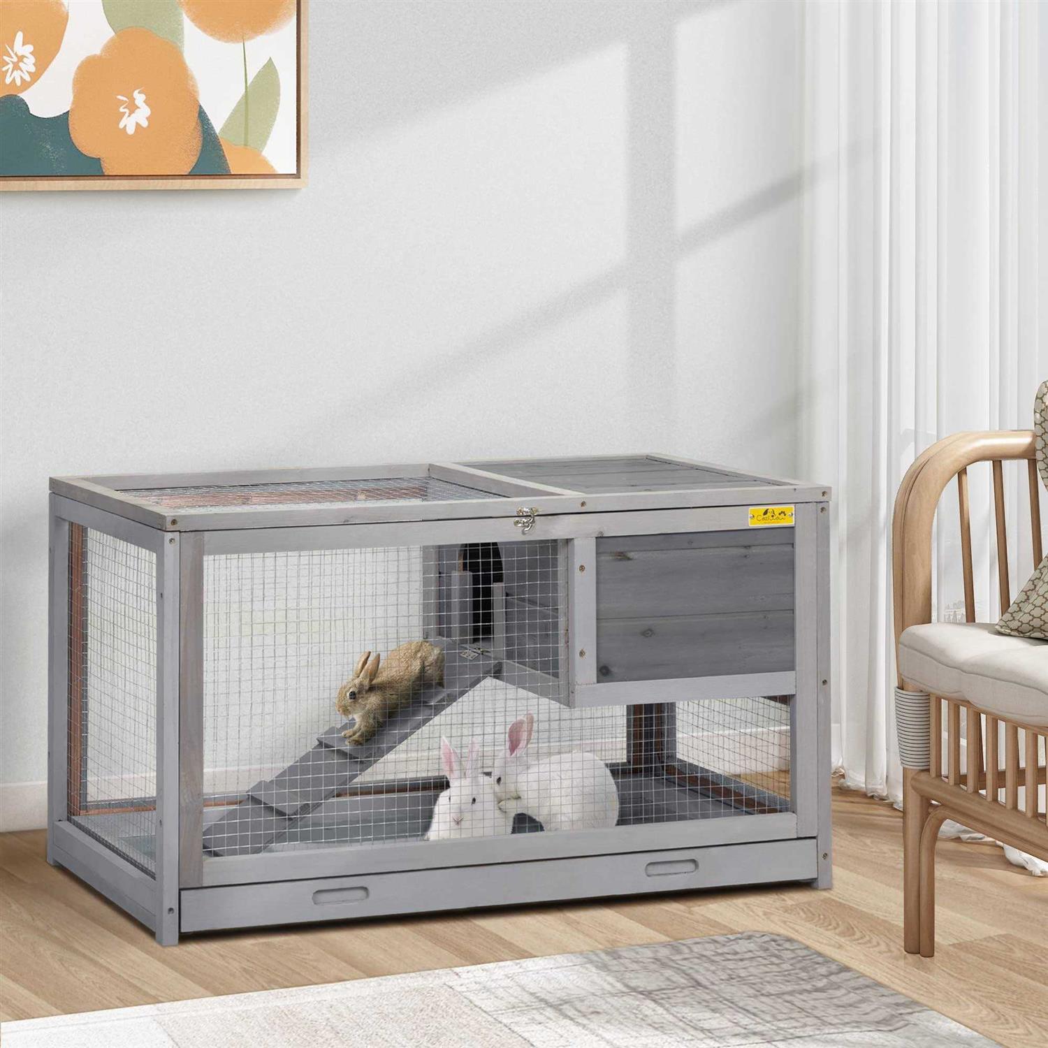 cozivvovv 2 Story Wooden Rabbit Hutch Indoor Outdoor Rabbit Cage with Pull Out Tray, Openable Roof, Side Door and Anti-Slip Ramp - Pet Supplies online store