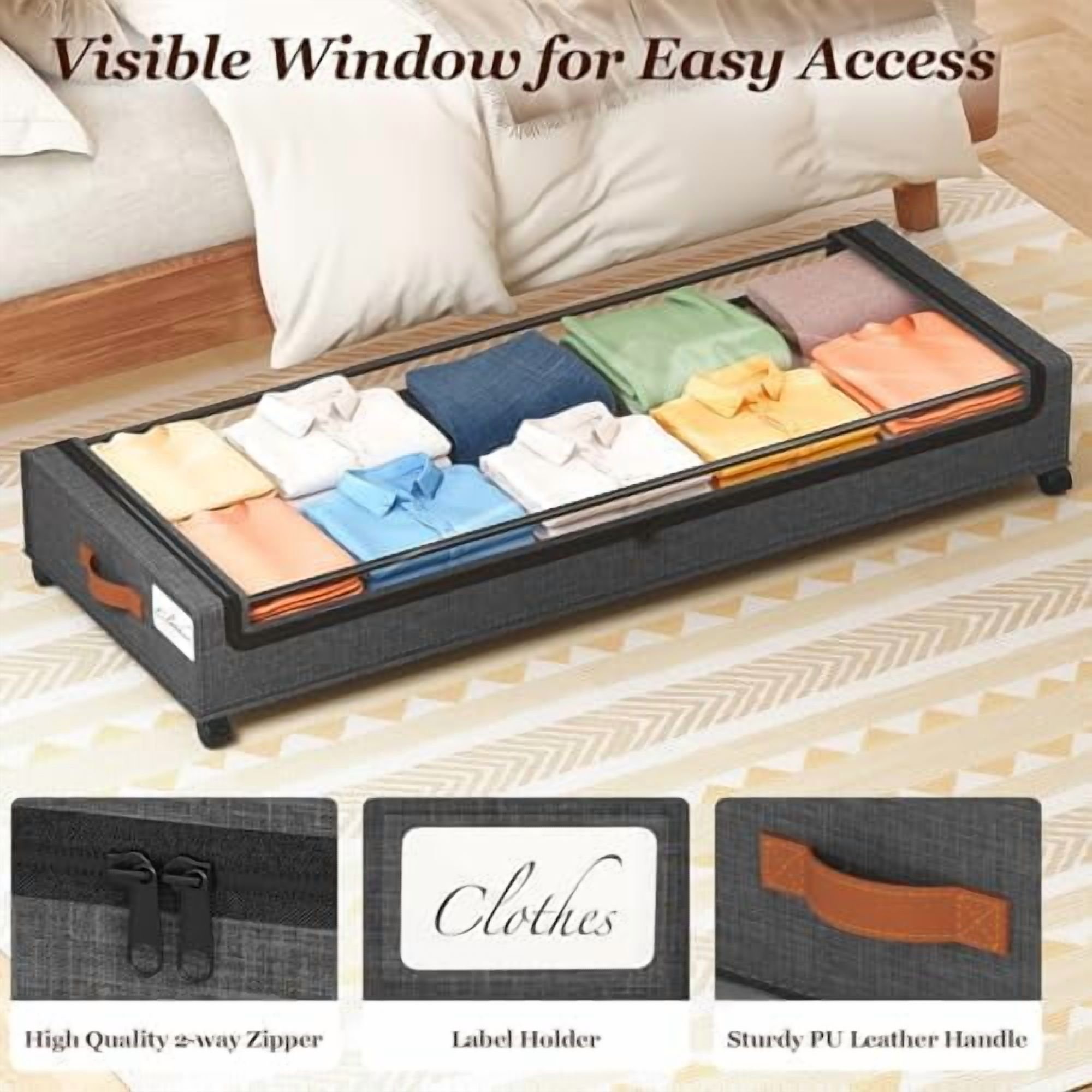 Under Bed Storage with Wheels 2 Pack, 85L Extra Large Under Bed Storage Containers with Metal Frame &amp; Clear Lid, Rolling Underbed Organizer Bins Drawers for Clothes, Shoes, Blankets, Hemp Grey