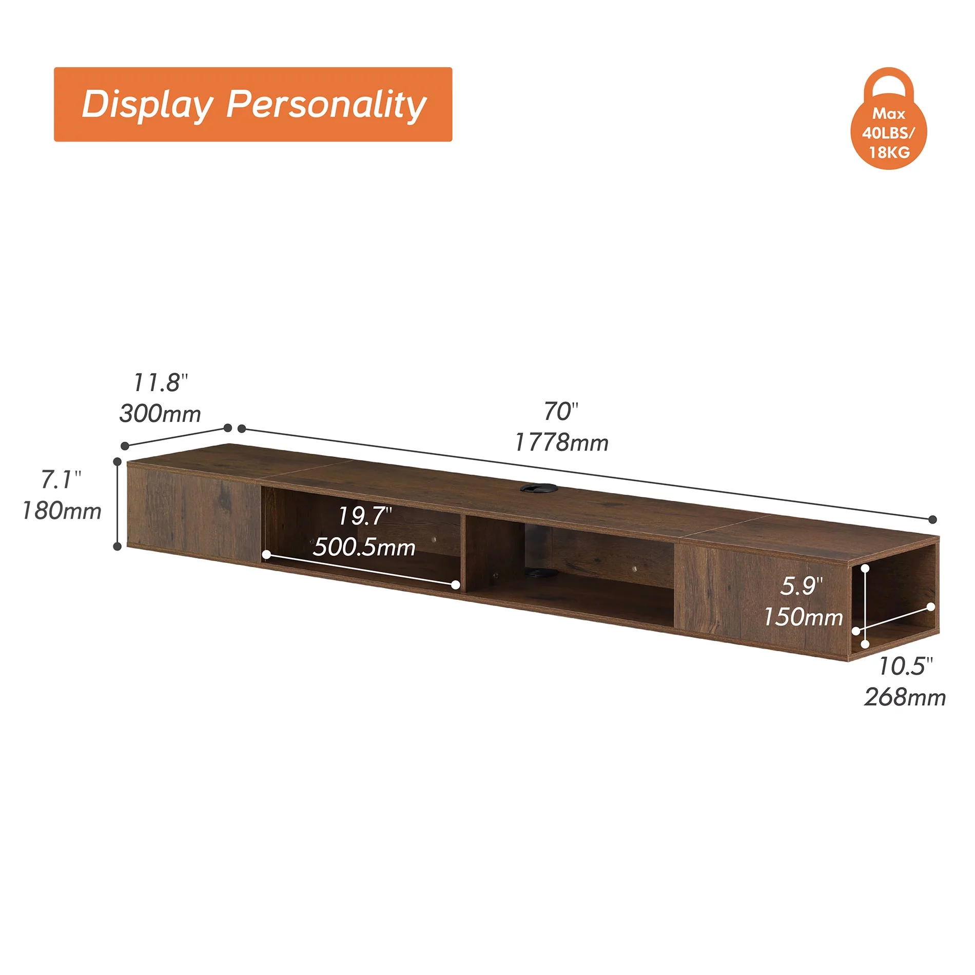 Floating TV Stand Wall Mounted with 16-Color Lights for 65/75/80 Inch TV, Floating Entertainment Center Storage Shelf Living Room, Brown
