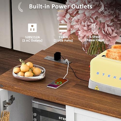 54.5" Farmhouse Mobile Kitchen Island with Power Outlet, Drop Leaf, Spice Rack and Drawer - Rolling Kitchen Cart with Ample Storage, Rustic Storage Islands for Home and Dining Room