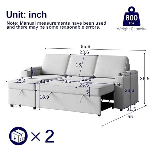 L-Shaped Sofa Couch Bed w/Chaise & Cup Holder, Convertible Sleeper Combo Sofa w/Pull Out Bed & Storage Space, 3 in 1 Fabric Pull Out Couch for Living Room, Dark Grey