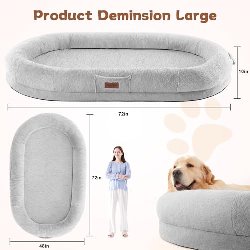 Human Dog Bed for People Adults, Giant Foldable Bean Bag Bed with Blanket, Washable Faux Fur Nap Floor Bed Adult for People, Pets Removable Large Memory Foam Human Sized Dog Bed Black