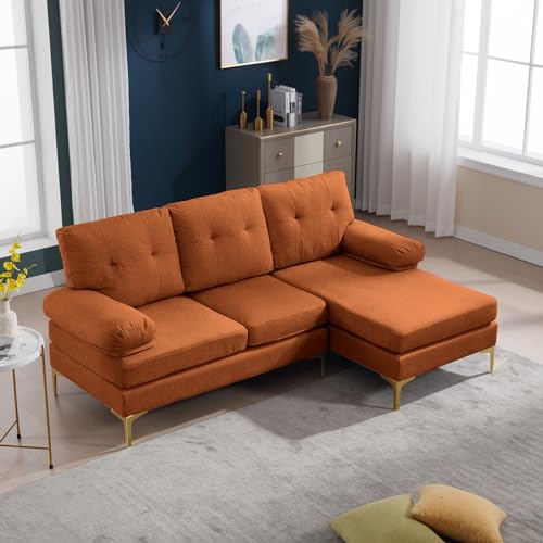 80.7'' Sectional Sleeper Sofa L Shaped Couch, Small Upholstered 3 Seat Sleeper Couch with Chaise, Chenille Fabric Minimalist Sofa with Sturdy Legs for Living Room, Bedroom, Apartment (Orange)