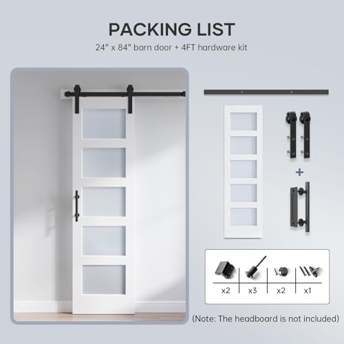 36x84 Inch Glass Sliding Barn Door Slab and 6.6ft Hardware Kit Included, 5 Frosted Glass, LVL Wood Panel Covered with White Water-Proof Scratch-Proof PVC Surface, Simple DIY Assembly