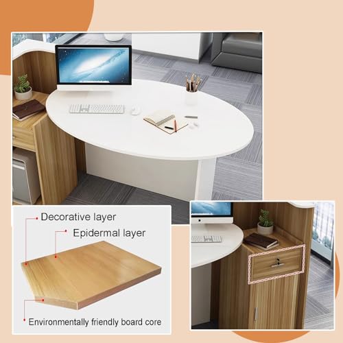  Reception Desk,Wooden Computer Desk Reception Table，White Oval Desktop & Brown Counter，Standing Front Table for Office, Home, School, Salon, Spa ( Color : Brown right , Size : 55*23.6*28.5in )