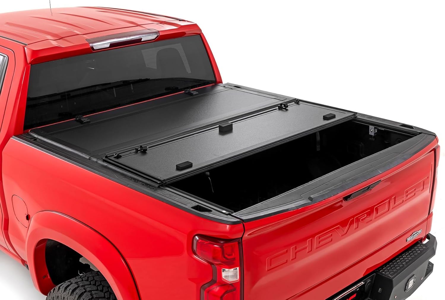 Rough Country Hard Tri Fold Truck Bed Cover, Truck Tonneau Covers for Chevy Silverado 1500/GMC Sierra 1500 (2019-2024) - 5'10 (69.3-69.9") Truck Bed Cover, Tonneau Cover Fits Multipro & Flex Tailgates