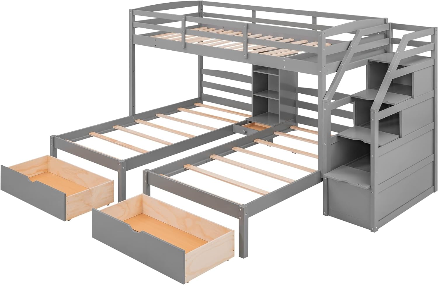 Twin over Twin&Twin Bunk Bed, Triple Bunk Bed with Drawers, Staircase with Storage, Built-in Shelves, Gray