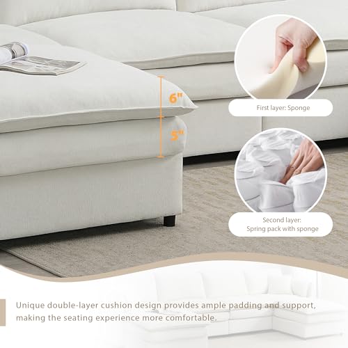 134" Oversized Modular Sectional Sofa, Modern U Shaped Cloud Couch Set with Double Cushions, Comfy Chenille 6 Seat Sleeper Sofa Bed with 2 Ottomans for Living Room, Bedroom, Office (Cream)