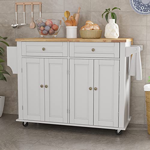 Rolling Kitchen Island with Drop Leaf – Movable Kitchen Carts on Wheels Island with Storage Cabinet, Island Table for Kitchen with Rubber Wood Top and Rack and Drawers, Matte, White