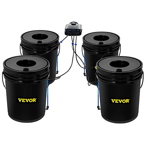 VEVOR RDWC Hydroponics Grow System, Hydroponic Growing Kit with Top Drip, Recirculating Deep Water Culture 4 Buckles and 1 Reservoir, with Air Pump and Water Level Device for Leafy Vegetables