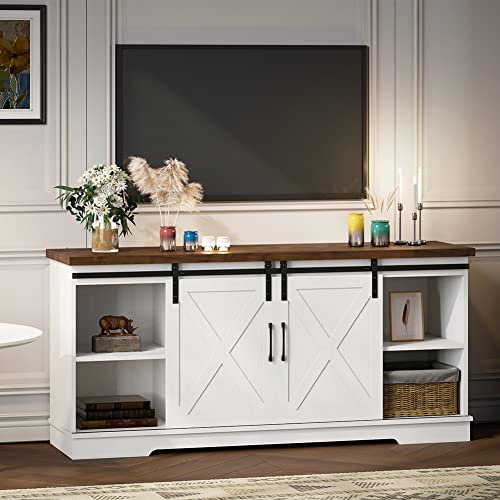IDEALHOUSE Farmhouse TV Stand for 65 Inch TV Entertainment Center TV Media Console Table, Barn Door TV Stand with Storage and Shelves, Tall Modern TV Console Table Furniture for Living Room (White)