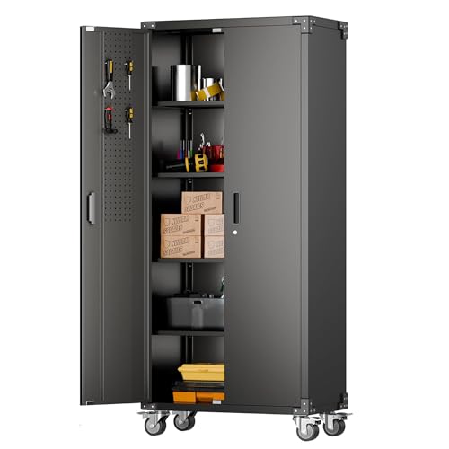 Aobabo Garage Storage Cabinet with Wheels,72" H Metal Storage Cabinet with 2 Doors and 4 Adjustable Shelves for Garage Home, Black,Required-Assembly
