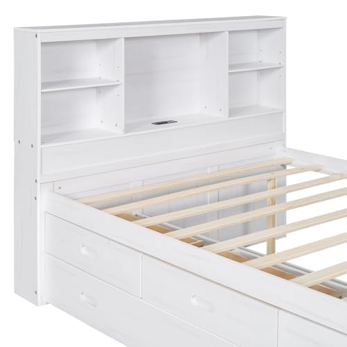 Full Size Platform Bed Bookcase Captain Bed with 6 Drawers and Bed End Storage Case, Wood Captain Platform Bed Frame with Storage Headboard, Sturdy Slat Support (Grey-4)
