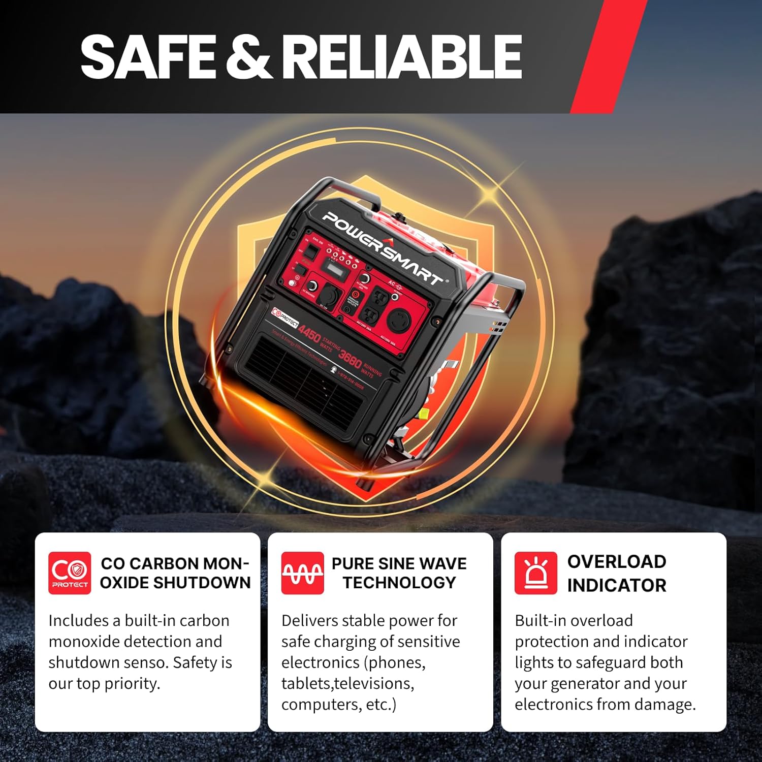 PowerSmart 4450-Watt Open Frame Inverter Generator, CO Protector, RV-Ready, Eco-Mode, Gas Powered Generator for Outdoor, Home