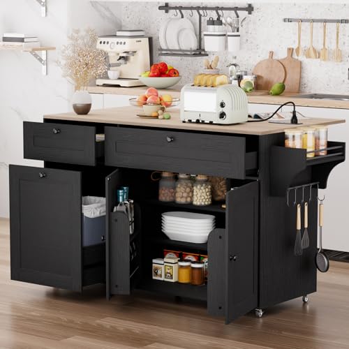 Kitchen Island on Wheels with Storage, Rolling Kitchen Islands with Drop Leaf&Power Outlet, Mobile Kitchen Island Cart with Trash Can Storage, Spice Rack, Towel Rack, Storages Cabinet ,Drawers