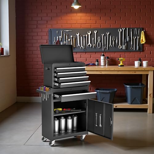 Rolling Tool Chest 5 Drawers Tool Box Garage Storage Cabinet Steel Frame 2 in 1 Tool Cart with Universal Lockable Wheels, Detachable Top and Adjustable Shelf for Garage, Black