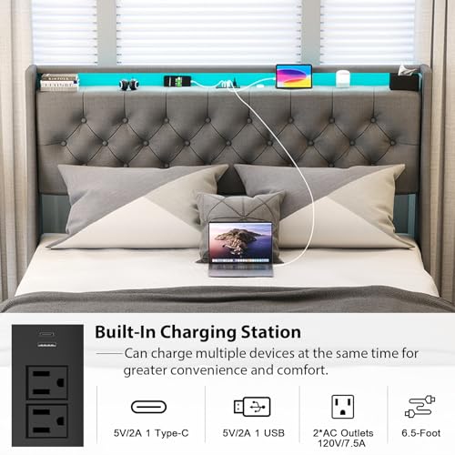 Full Size Bed Frame with 4 Storage Drawers and LED Lights, Upholstered Wingback Linen Tufted Headboard with Charging Station, Steel Slat Support, No Box Spring Needed, Noise-Free, Easy Assembly, Gray