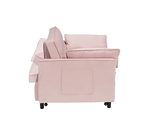 3 in 1 Convertible Sleeper Sofa Bed, Modern Velvet Loveseat with Adjustable Backrest and Side Pocket, Futon Couch with Pull Out Bed, Love Seat Lounge Sofa with 2 Pillows, for Living Room,Beige