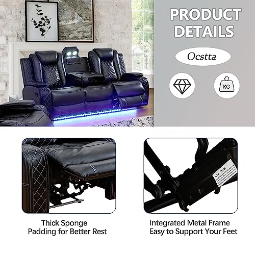 Power Leather Recliner Sofa Set with LED Lights,Living Room Furniture Set, Breathing Leather Sofa Set with USB Port/Storage Console/Cup Holders (3 Pieces Reclining Sofa Set, Cream White)