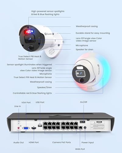 Swann 4K Security Camera System, 8 Channel 8 Cam, DVR with 2TB for 24/7 Home Surveillance, Indoor/Outdoor Wired 8MP Bullet Cameras, Color Night Vision, IP66,True Detect, Spotlights & Sirens