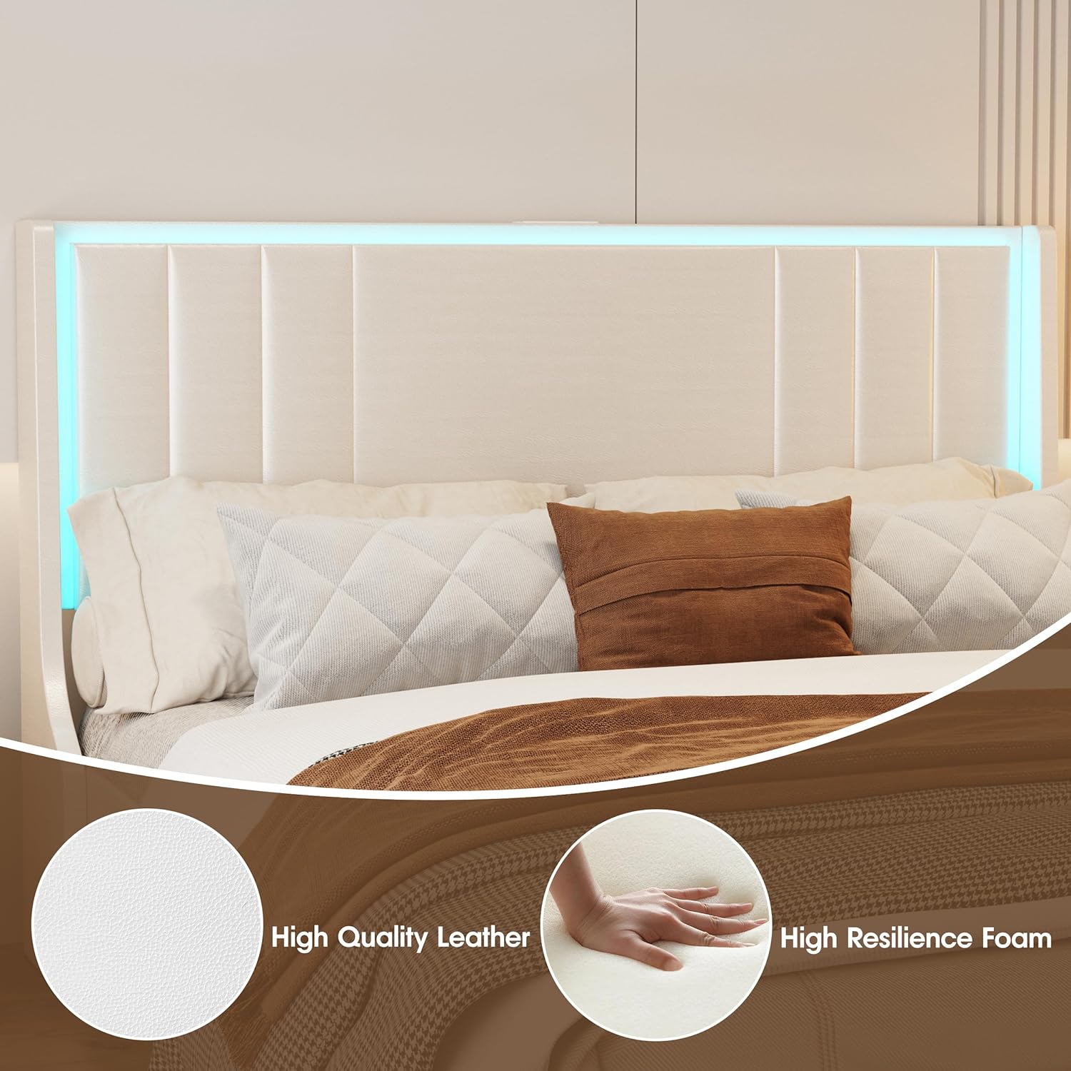 Vabches Queen Size Bed Frame with LED Light and 2 Hidden Storage Drawers with Leather Upholstered Headboard and Charging Station, Supported by Wooden Slats, Noise-Free, No Springs Needed, White