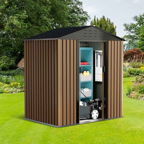 Outdoor Storage Shed, 8 x 6 FT Metal Storage Shed, Metal Garden Tool Shed with Roof, Door & Lock, Waterproof and Anti-UV, for Patio Garden Yard, Brown
