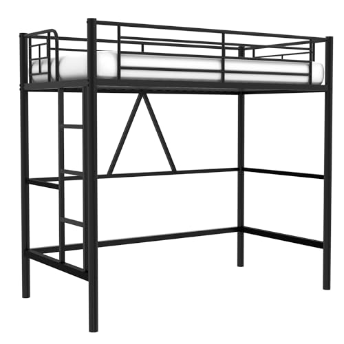 VECELO Metal Loft Bed Twin Size, Heavy Duty Bedframe with Removable Ladder and Safety Guardrail, Space-Saving, Noise Free, No Box Spring Needed, Off White