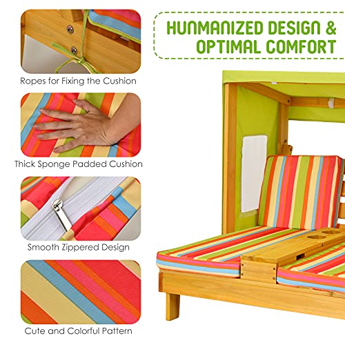 KOTEK Kids Lounge Chair Outdoor, Wood Double Chaise Lounge with Cup Holders, Removable Canopy & Stripped Fabric Cushions, Pool Kids Patio Furniture Cabana Lounger for Toddlers & Pets (Green+Orange)